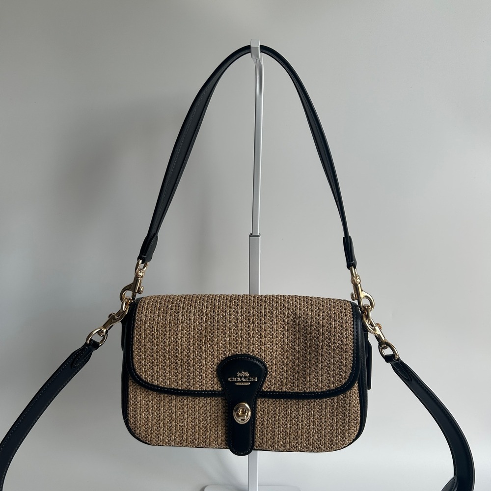 Coach Hadley Straw Convertible Shoulder Crossbody Bag Black Toast Leather CAL93